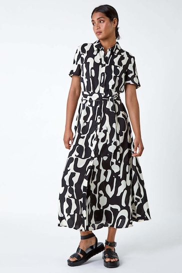 Roman Black Abstract Print Fit & Flare Shirt Dress