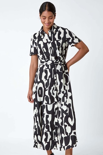 Roman Black Abstract Print Fit & Flare Shirt Dress