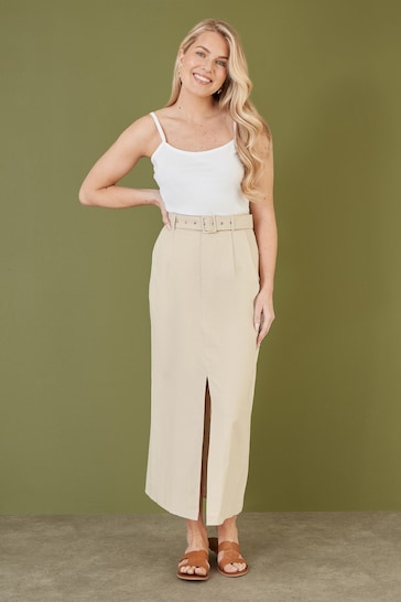 Yumi Natural Cotton Midi Skirt With Belt And Split Hem
