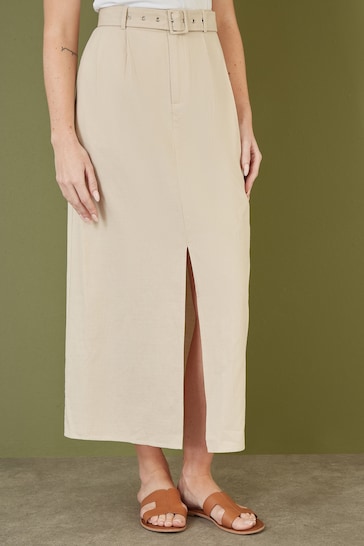 Yumi Natural Cotton Midi Skirt With Belt And Split Hem