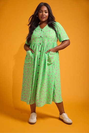 Yours Curve Green Daisy Print Smock Midaxi Dress