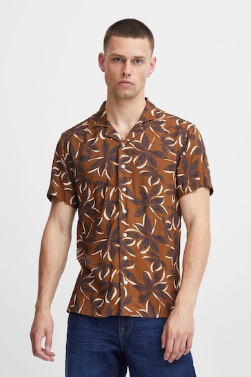 Blend Brown Leaf Print Short Sleeve Shirt