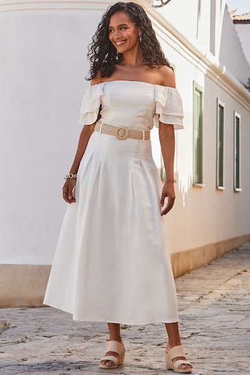 Sosandar Cream Linen Blend Midi Skirt
