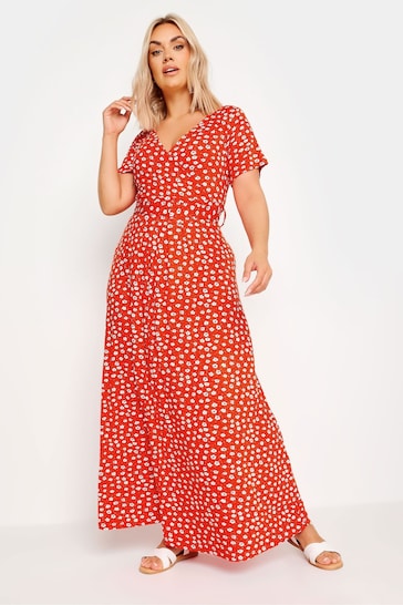 Yours Curve Orange Ditsy Floral Print Wrap Maxi Dress