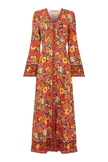 Joe Browns Orange Retro Floral Flared Maxi Dress