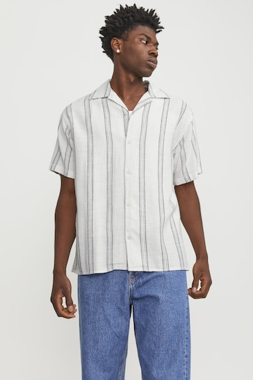 JACK & JONES White Stripe Print Revere Collar Short Sleeve Shirt