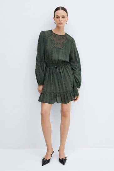 Mango Puff-Sleeved Embroidered Khaki Green Dress