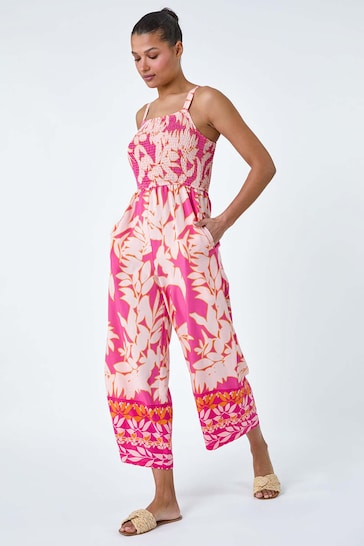 Roman Pink Floral Border Print Crop Stretch Jumpsuit