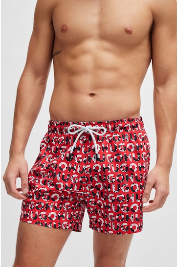 HUGO Red Recycled-Material Swim Shorts With Logo Print