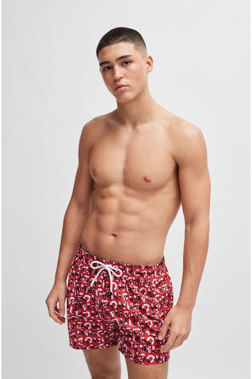 HUGO Red Recycled-Material Swim Shorts With Logo Print