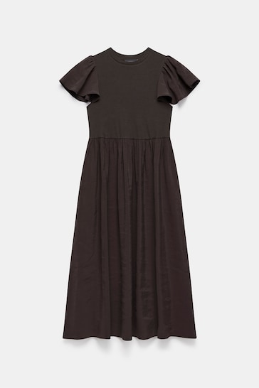 Mint Velvet Brown Jersey Ruffle Midi Dress