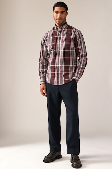 Burgundy Red Madras Check Easy Iron Button Down Oxford Shirt