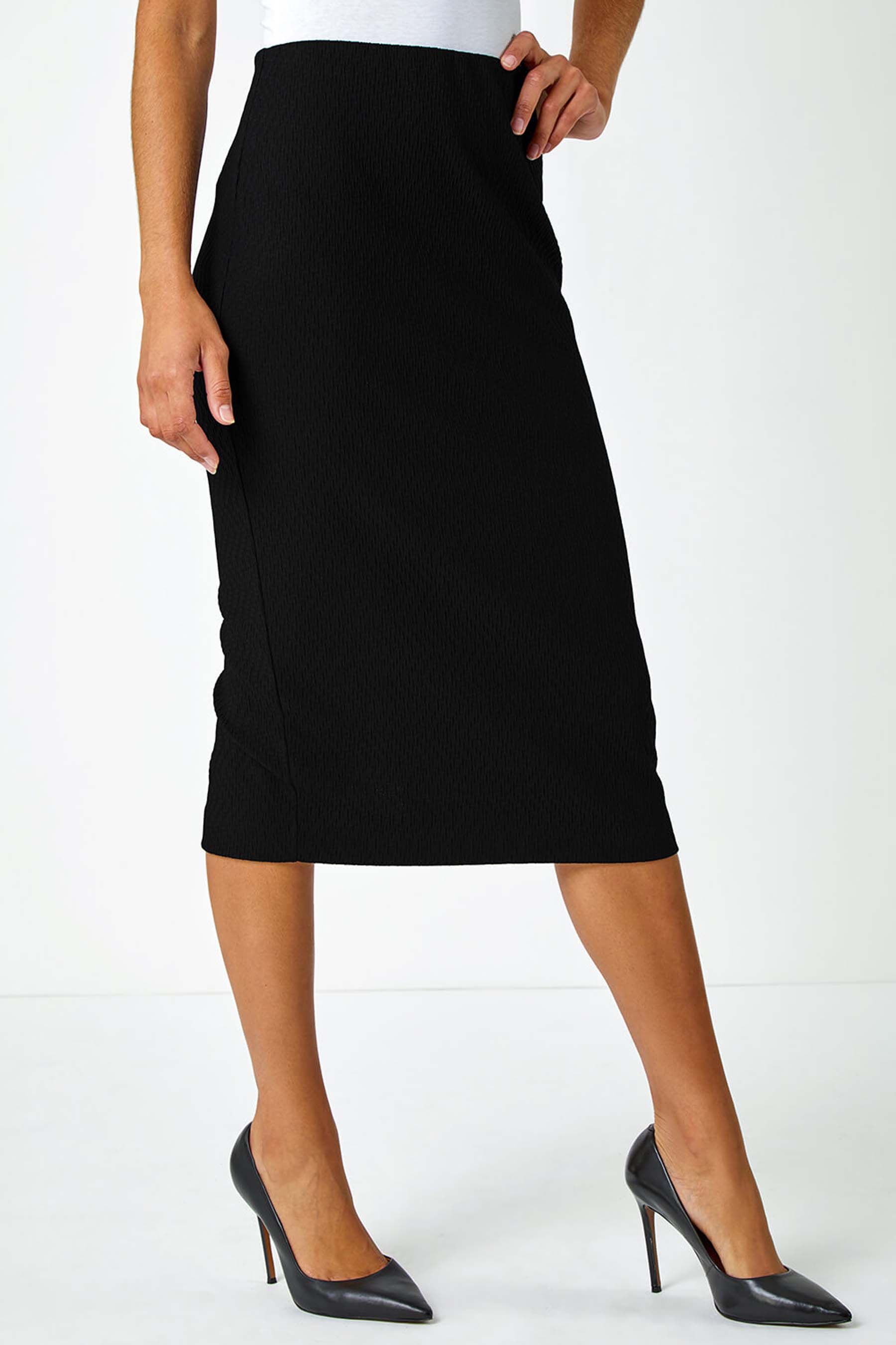 Roman Black Textured Pencil Midi Stretch Skirt