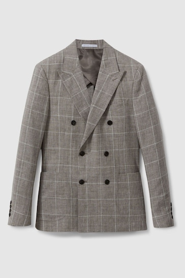 Reiss Light Taupe Burgess Linen Double Breasted Check Blazer