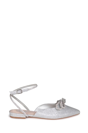 Linzi Silver Mayla Satin Flat Mules With Diamante Bow Detail
