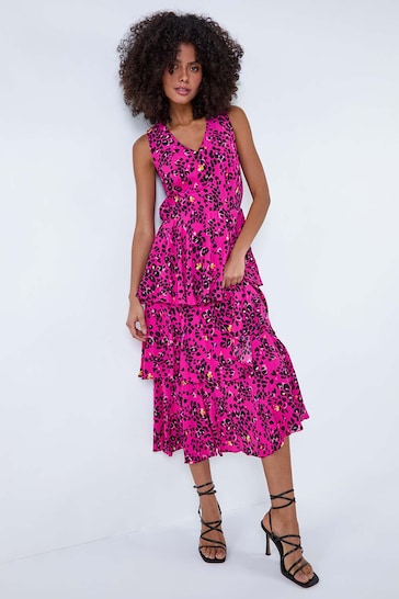 Dusk Pink Animal Print Frilled Midi Dress