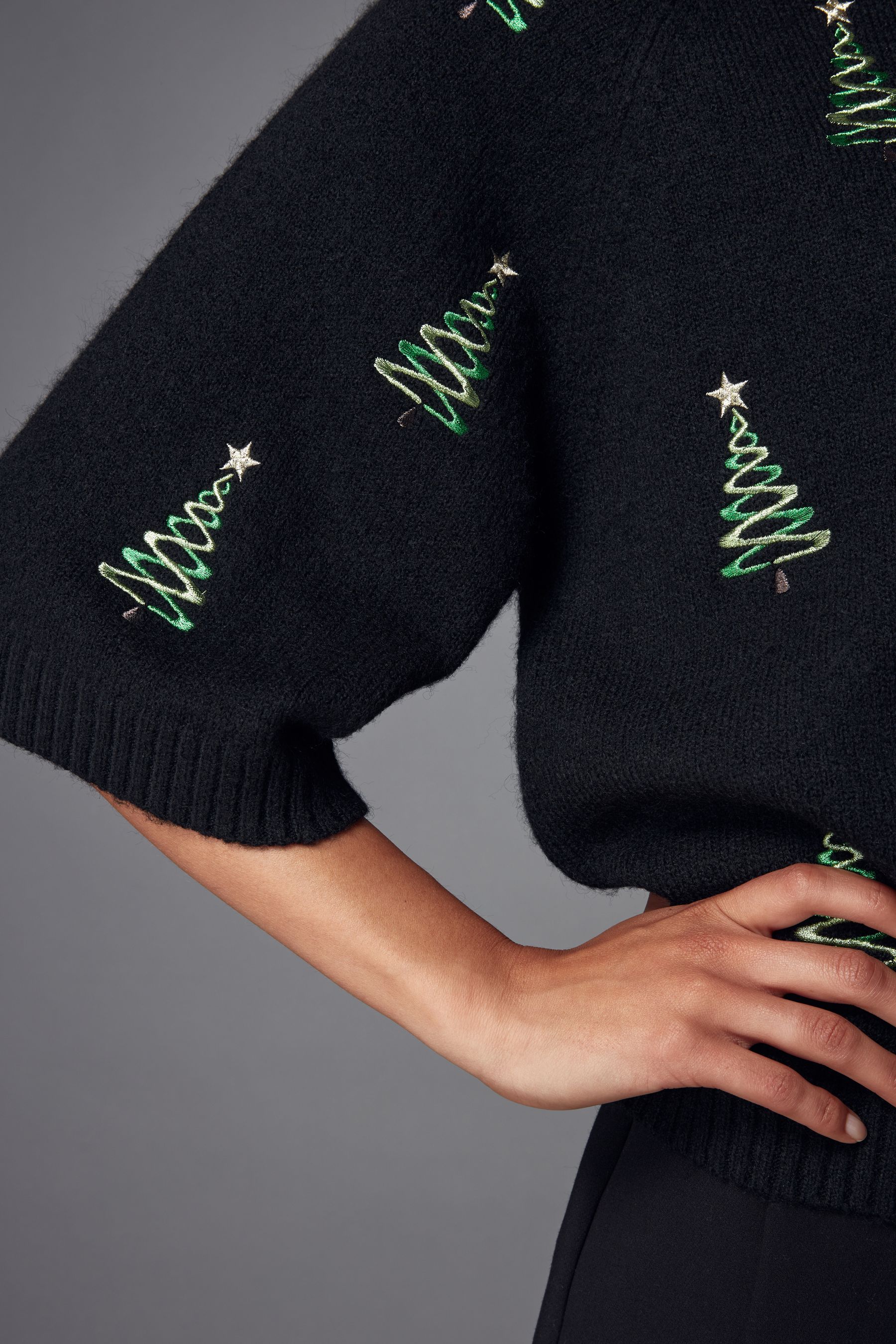 Black Christmas Tree Short Sleeve Knitted Christmas Jumper
