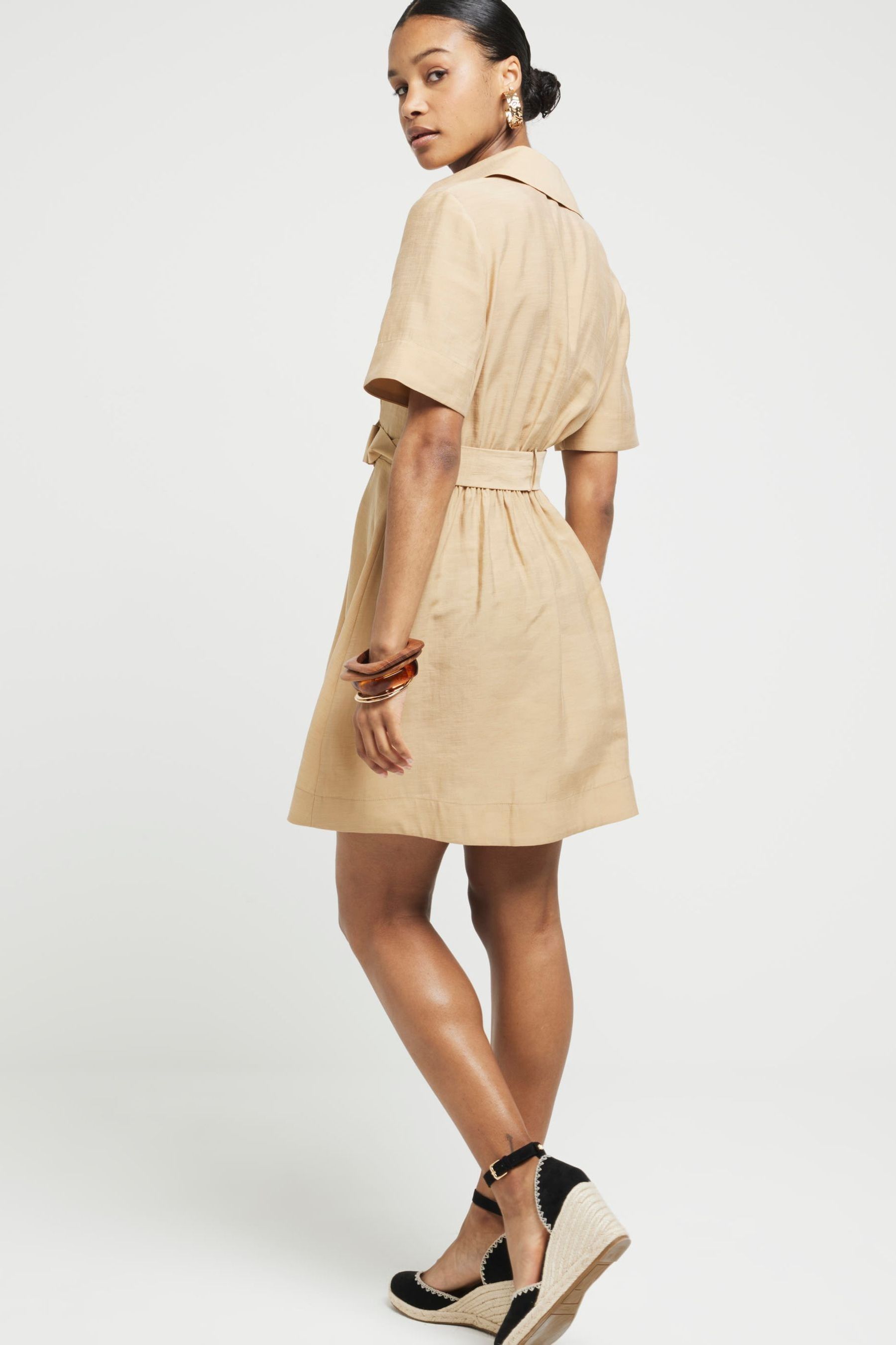 River Island Beige Belted Mini Shirt Dress