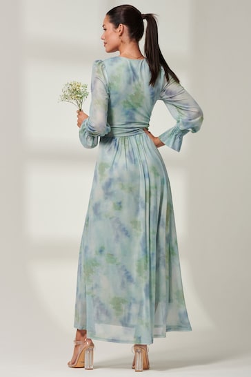 Jolie Moi Blue Tie Dye Print Mesh Maxi Dress