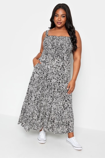 Yours Curve Black Black Abstract Print Shirred Maxi Dress