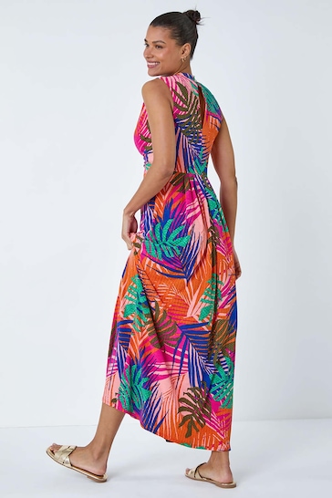 Roman Pink Tropical Gathered Stretch Maxi Dress