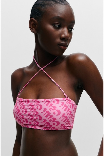 HUGO Pink Bandeau Bikini Top With Repeat Logo Print