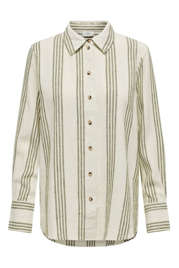 JDY White Stripe Linen Blend Relaxed Long Sleeve Shirt