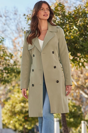 Sosandar Green Double Breasted Trench Coat With Pocket