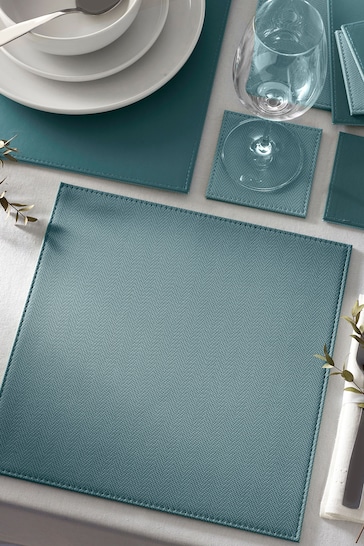 Set of 4 Teal Blue Reversible Faux Leather Placemats and Coasters Set
