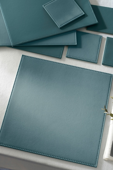 Set of 4 Teal Blue Reversible Faux Leather Placemats and Coasters Set