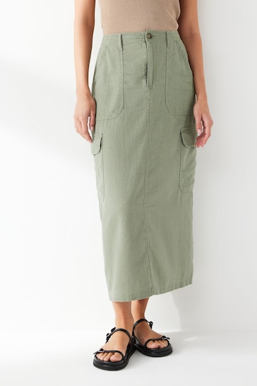 ONLY Green Linen Blend Utility Midi Skirt