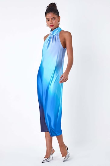 Dusk Blue Satin Ombre Halterneck Dress