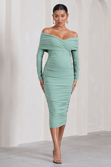 Club L London Green Maternity Davina Ruched Twist Bardot Long Sleeve Midi Dress