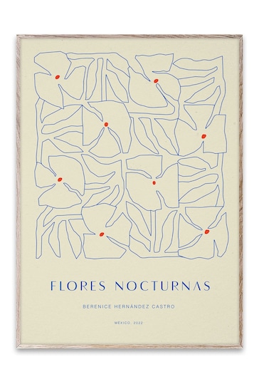 Paper Collective Grey Flores Nocturnas 01 Framed Wall Art Print in Natural Oak Frame