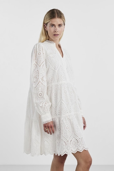 Y.A.S White Broderie Long Sleeve Tiered Dress