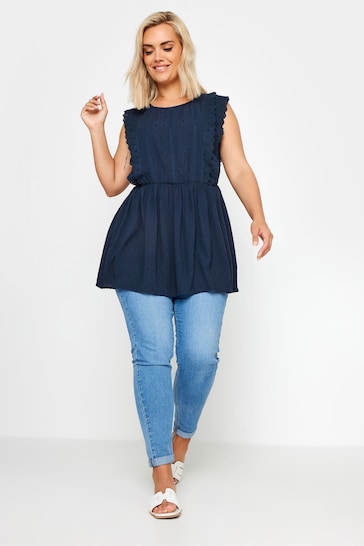 Yours Curve Blue Crinkle Dobby Detail Peplum Top