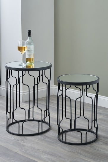 Pacific Black Mirrored Glass and Graphite Metal Round Tables Set of 2