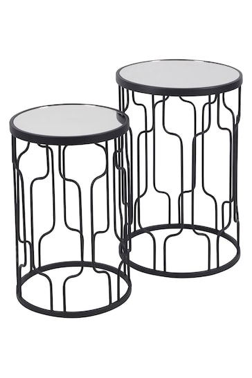 Pacific Black Mirrored Glass and Graphite Metal Round Tables Set of 2