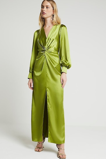 River Island Green Long Sleeve Twist Front Maxi Dress