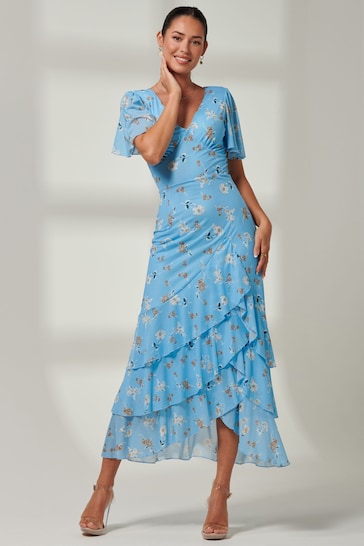 Roman Floral Print Shirred Maxi Tailored Dress