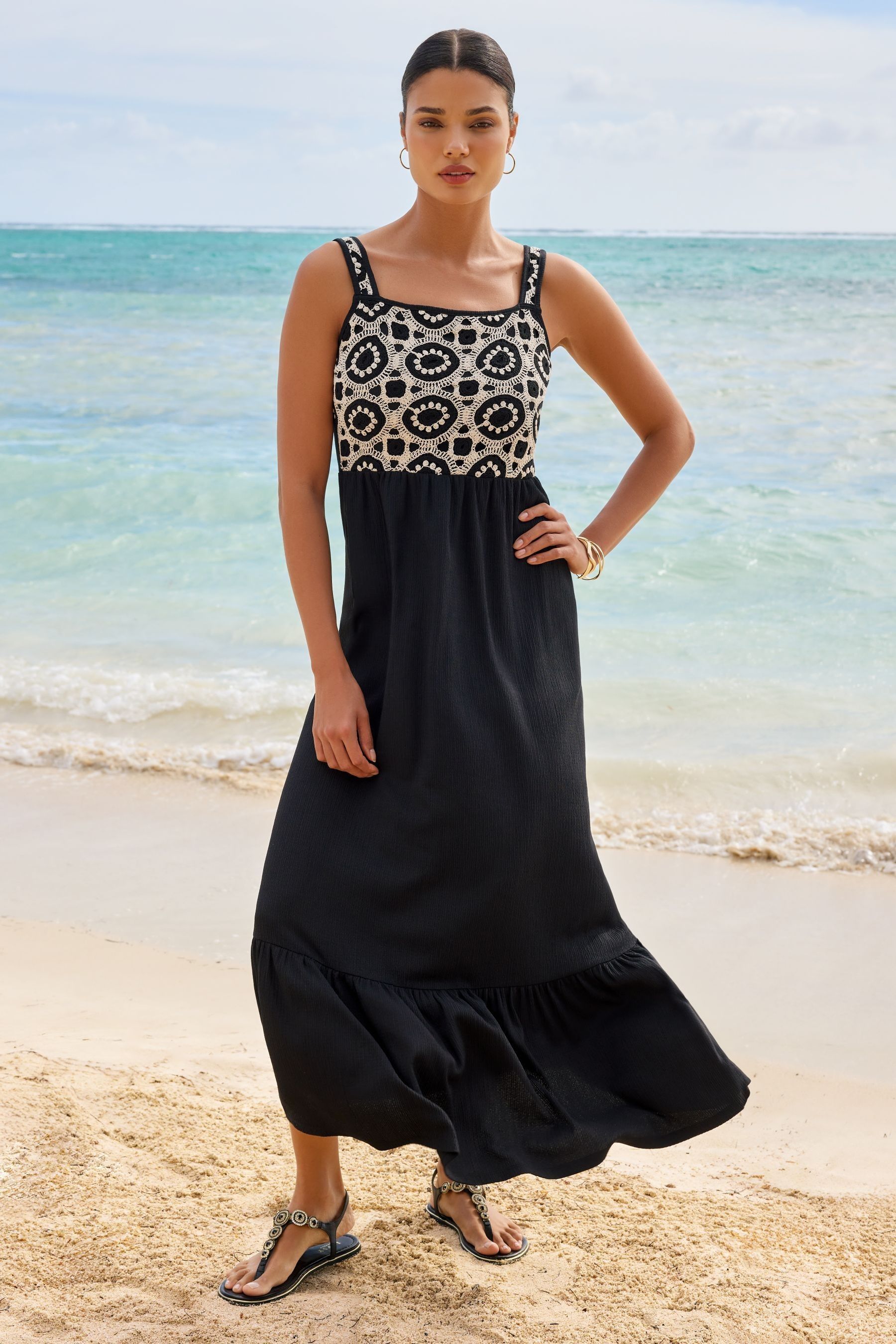 Lipsy Black White Petite Crochet Mix Cami Holiday Shop Maxi Dress