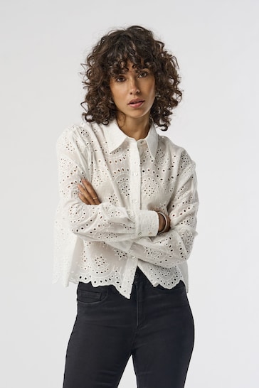 ONLY White Broderie Long Sleeve Shirt With Scallop Edge