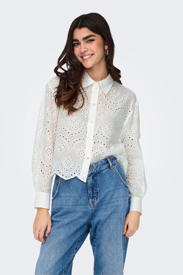 ONLY White Broderie Long Sleeve Shirt With Scallop Edge