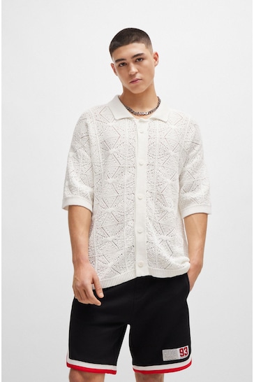 HUGO Relaxed-Fit Short-Sleeved White Shirt in Crochet Cotton