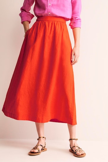 Boden Orange Florence Linen Midi Skirt