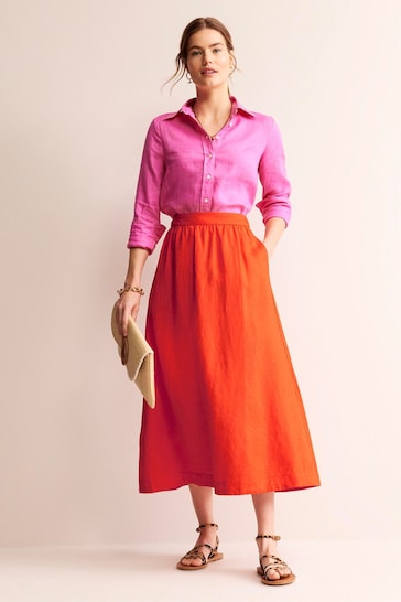 Boden Orange Florence Linen Midi Skirt
