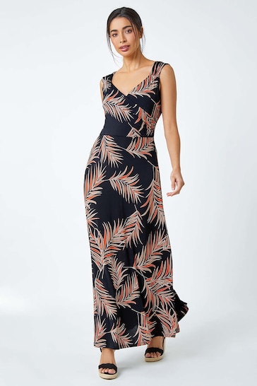 Roman Brown Tropical Puff Print Wrap Maxi Dress