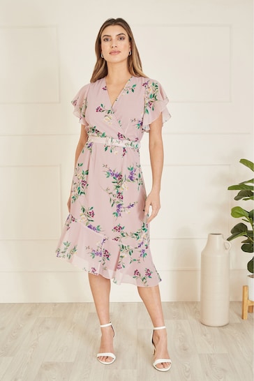 Yumi Pink Wrap Over Midi Dress With Frill Details And Matching Belt