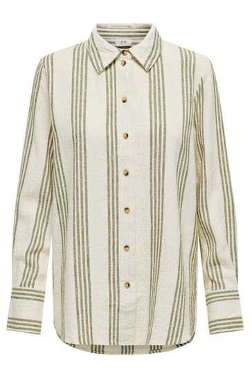 JDY White Petite Stripe Linen Blend Relaxed Long Sleeve Shirt