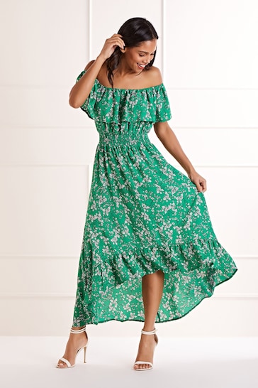 Mela Green Ditsy Print Bardot Dipped Hem Dress